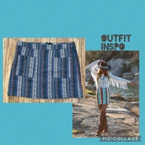 Simply Noelle womens large skirt mini boho stretch tapestry western pockets blue